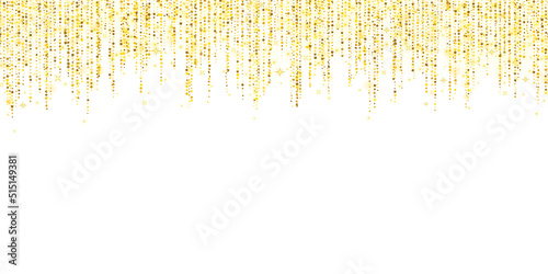 Gold holiday decoration glitter wide rain garland on white background. Vector