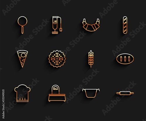 Set line Chef hat, Scales, Frying pan, Cooking pot, Rolling pin, Cracker biscuit, Bread loaf and Cereals with rice, wheat, corn, oats, rye icon. Vector