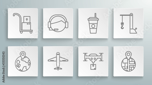 Set line Worldwide, Support operator in touch, Plane, Delivery drone with the package, Coffee cup, Harbor crane and Hand truck and boxes icon. Vector