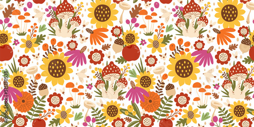 Sunflower floral pattern. Autumn floral seamless background, sunflower, mushrooms, bird pumpkin. Fall vector illustration. Hand drawn fall textile, print, wallpaper, package. Autumn repeated design