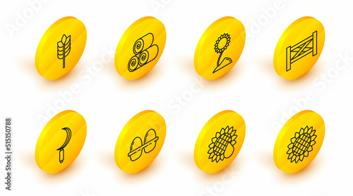 Set line Sunflower, Chicken egg in box, Sickle, Garden fence wooden, Roll of hay and Cereals with rice, wheat, corn, oats, rye icon. Vector