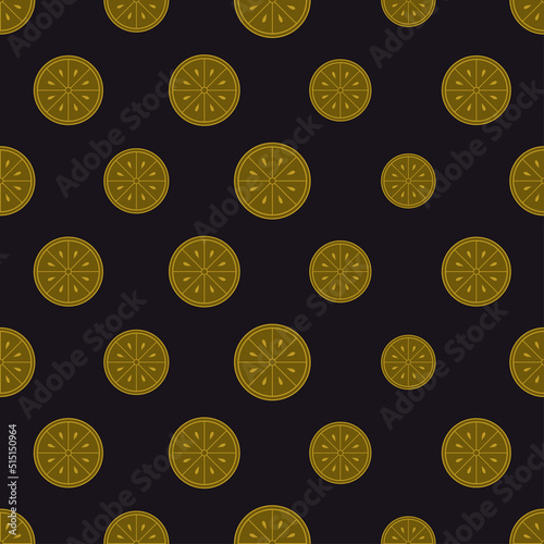 Lemon seamless pattern in art deco style. Lemon slice in style of the 1920s-1930s. Linear icon citrus in golden color. Vintage design for print on wrapping paper, wallpaper. Vector illustration