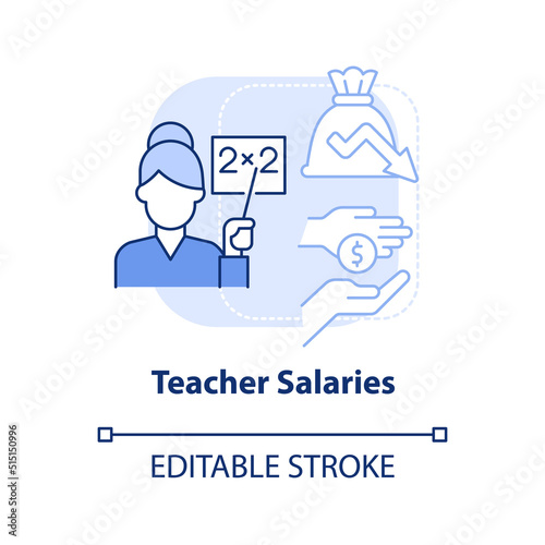 Teacher salaries light blue concept icon. Decreasing compensations. Education issue abstract idea thin line illustration. Isolated outline drawing. Editable stroke. Arial, Myriad Pro-Bold fonts used