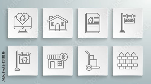 Set line Hanging sign with text Sale, House, dollar symbol, Hand truck and boxes, Garden fence wooden, contract, Sold and Monitor house heart shape icon. Vector