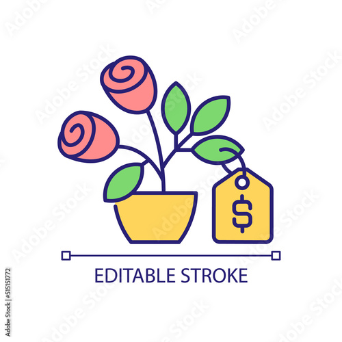 Selling flower RGB color icon. Blossoming plant. Commercial gardening. Horticultural practice. Isolated vector illustration. Simple filled line drawing. Editable stroke. Arial font used