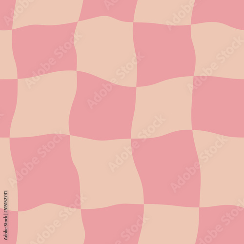 Groovy distorted checkered seamless pattern. Cute pink trippy Y2K background. Abstract retro geometric print funky playful print.