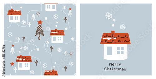 Seamless pattern with houses, pine tree and snowflakes vector. Winter village background.
