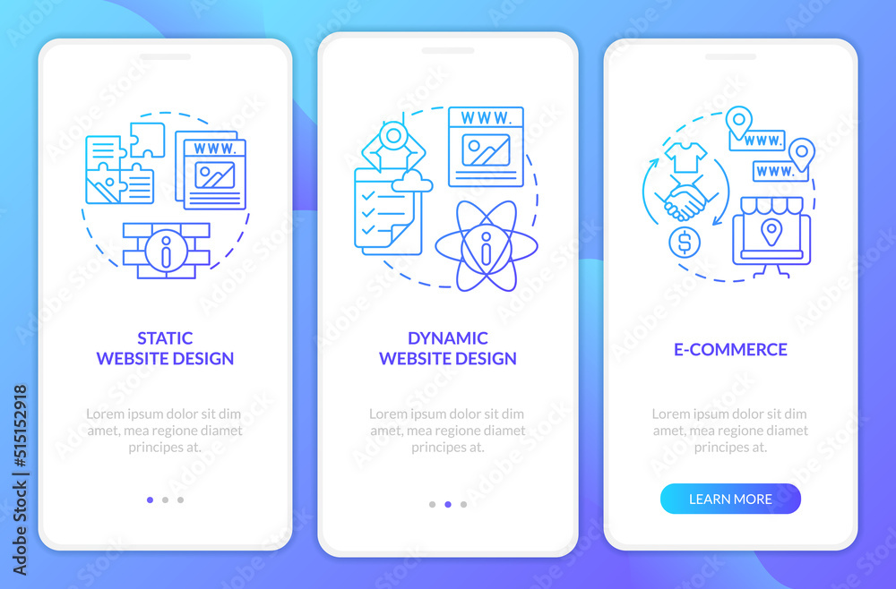 Web design formats blue gradient onboarding mobile app screen. Static website. Walkthrough 3 steps graphic instructions with linear concepts. UI, UX, GUI template. Myriad Pro-Bold, Regular fonts used