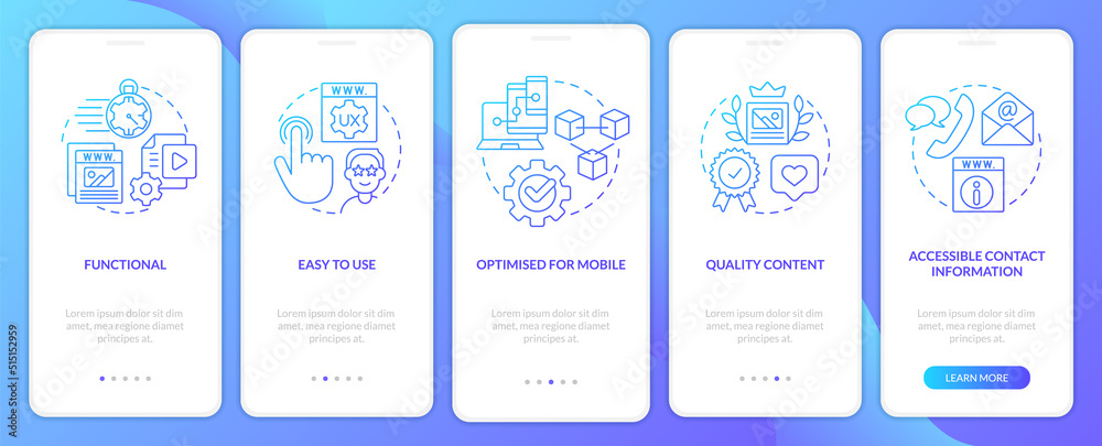 Great website features blue gradient onboarding mobile app screen. Walkthrough 5 steps graphic instructions with linear concepts. UI, UX, GUI template. Myriad Pro-Bold, Regular fonts used