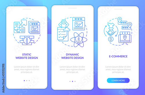 Web design formats blue gradient onboarding mobile app screen. Static website. Walkthrough 3 steps graphic instructions with linear concepts. UI, UX, GUI template. Myriad Pro-Bold, Regular fonts used
