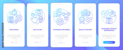 Great website features blue gradient onboarding mobile app screen. Walkthrough 5 steps graphic instructions with linear concepts. UI, UX, GUI template. Myriad Pro-Bold, Regular fonts used