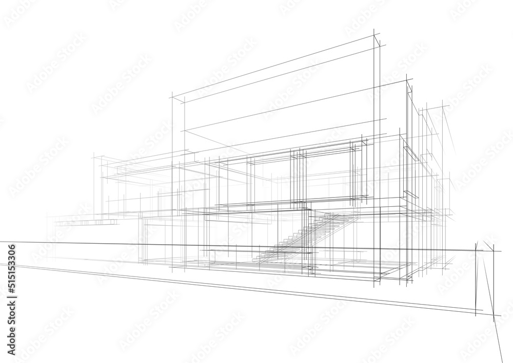 Architectural sketch of building 3d illustration