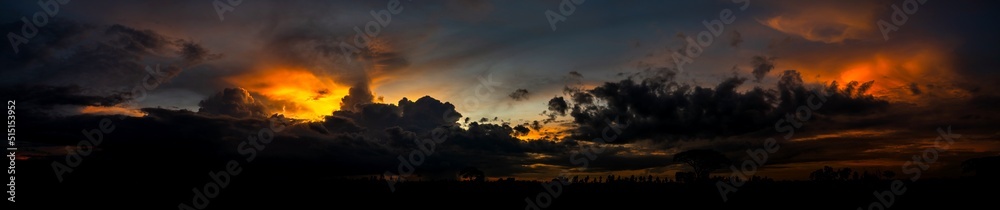 Panorama Large photo of Landscape sunset with dark clouds.Tree silhouetted against a setting sun.Dark tree on open field dramatic sunrise and Orange sky.Majestic Landscape Dark Clouds sunset Sky.