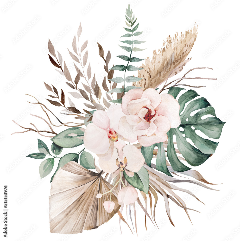 Wedding boho Watercolor bouquet with beige and teal green tropical leaves  and orchid flowers illustration Stock Illustration | Adobe Stock