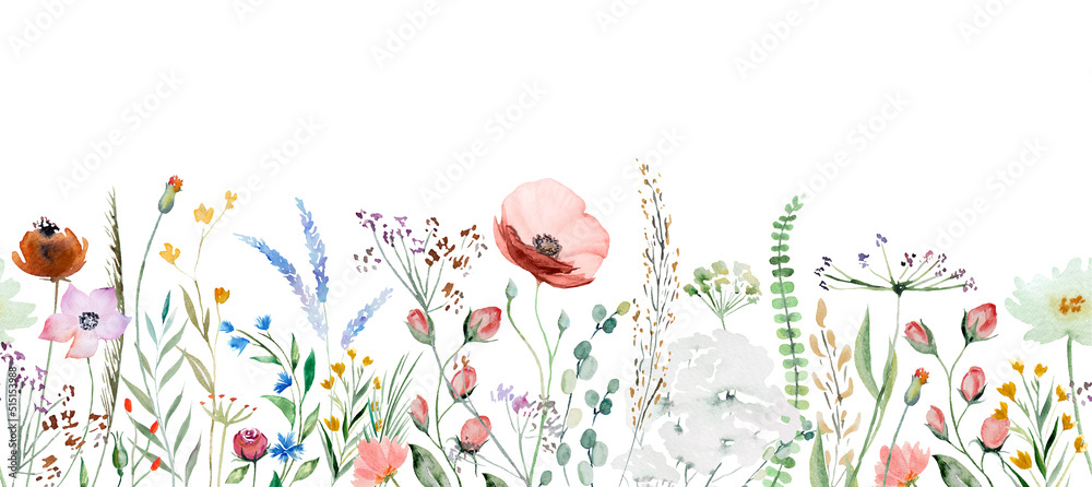 Seamless border made of watercolor wildflowers and leaves, wedding and greeting illustration - obrazy, fototapety, plakaty 