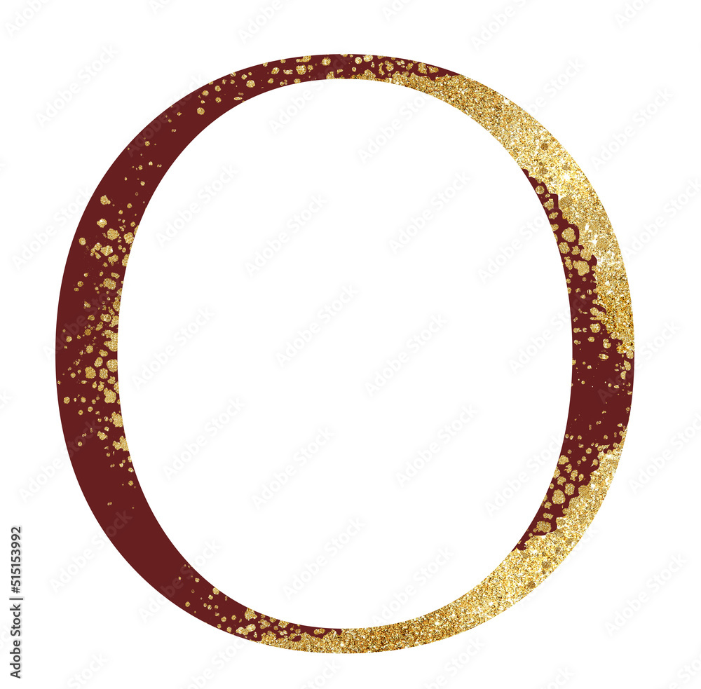 Dark red and Golden glitter capital letter O with dispersion effect, festive design element Dark red and Golden glitter capital letter O with dispersion effect, festive design element