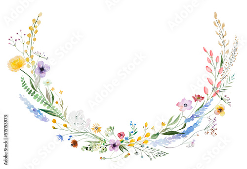 Round Frame made of watercolor wildflowers and leaves, wedding and greeting illustration photo