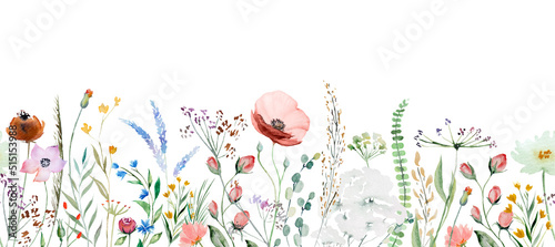 Seamless border made of watercolor wildflowers and leaves, wedding and greeting illustration