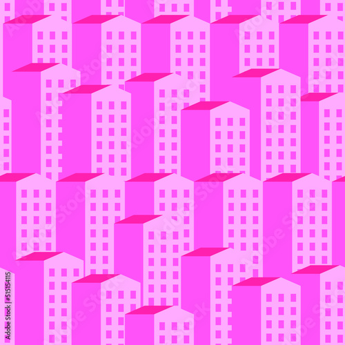 Bright pink apartment houses. Wallpaper. Vector seamless pattern. Property background. Modern buildings. Smart Home security. Real estate. Town. City life. Construction industry. Housing development.