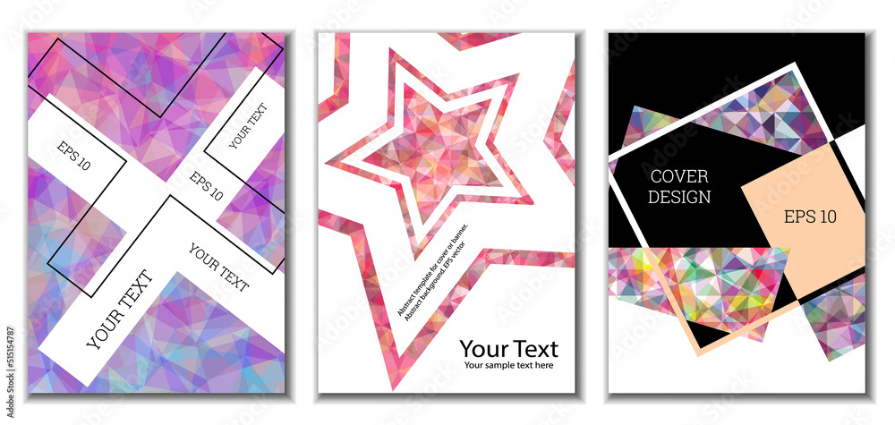 Cover design. Set of 3 covers. Imitation of crumpled paper. Unusual bright abstract background for magazine, book, splash, banner, vector. Imitation of crumpled paper Cover design. Set of 3 covers. Imitation of crumpled paper. Unusual bright abstract background for magazine, book, splash, banner, vector. Imitation of crumpled paper