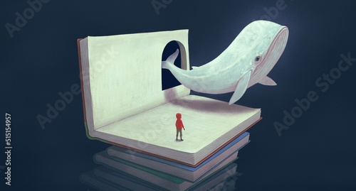 Concept art of Book ,education, imagination, fantasy painting, surreal artwork, happiness of child , conceptual 3d illustration, A kid with A floating whale