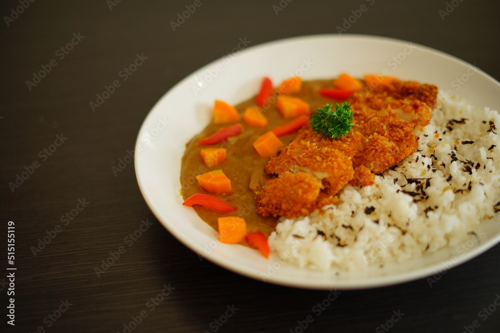 grilled chicken steak with red curry sauce and rice 