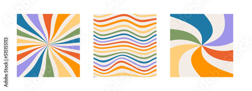 Set of twisted gingham checkerboard, sun ray and wave background in rainbow color. Groovy hippie multicolored pride poster template. Retro wavy 60s 70s abstract psychedelic design. Vector illustration