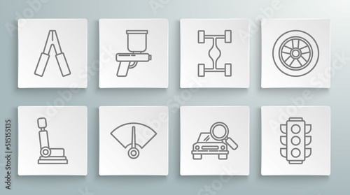 Set line Car seat, Paint spray gun, Speedometer, search, Traffic light, Chassis car, wheel and battery jumper power cable icon. Vector