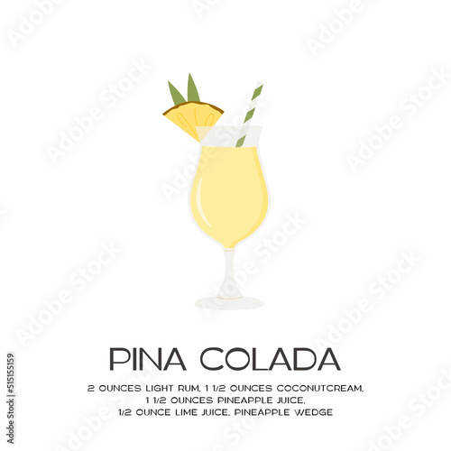 Pina Colada Tropical Cocktail blended with ice. Summer aperitif with rum, coconut milk and pineapple juice. Minimalistic trendy recipe square card with alcoholic beverage. Vector flat illustration.