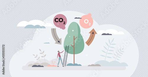 Photosynthesis process simple visualization with plant tiny person concept. CO2 and O2 gas exchange in nature vector illustration. Tree carbon dioxide absorbtion or oxygen production basic explanation