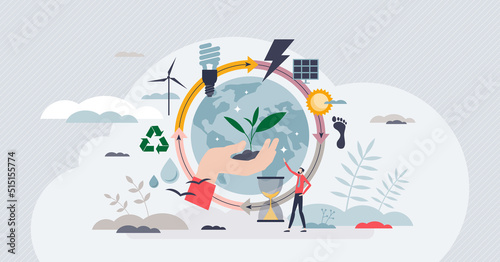 Environment conservation and earth ecology awareness tiny person concept. Global nature protection with recycling, green energy, alternative power source and saving water balance vector illustration.