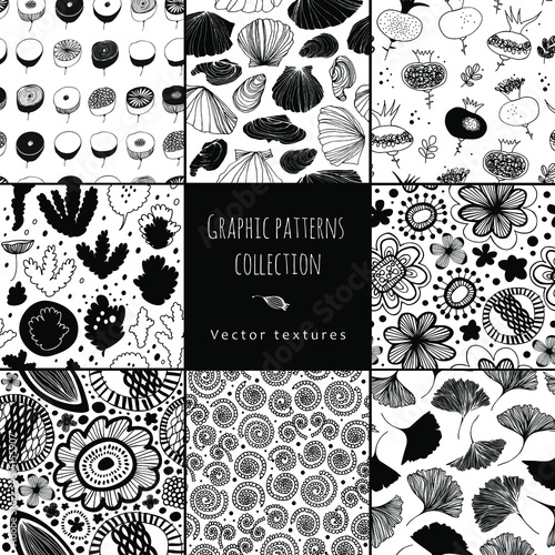 Seamless black and white patterns. Vector decorative graphic textures, backgrounds collection