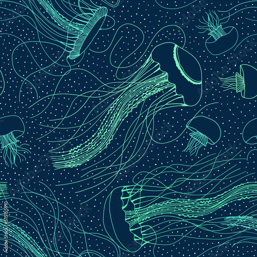 Seamless marine pattern with medusas. Ocean background. Vector drawn texture