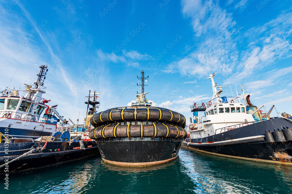 Φωτογραφία Group of tugboats moored in the international port of La Spezia, Mediterranean sea, Gulf of La Spezia, Liguria, Italy, Europe