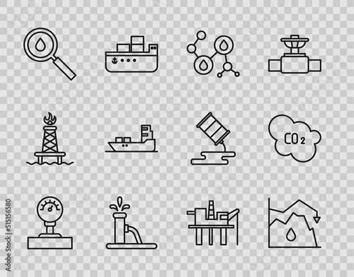 Set line Gauge scale, Drop in crude oil price, Molecule, Oil pump or pump jack, drop, tanker ship, platform the sea and CO2 emissions cloud icon. Vector