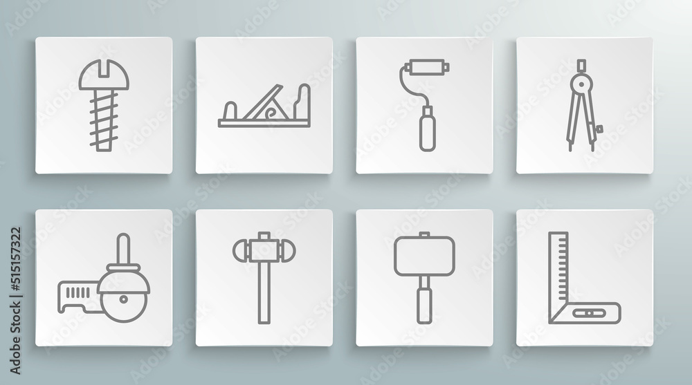 Set line Angle grinder, Wood plane tool, Sledgehammer, Corner ruler, Paint roller brush, Drawing compass and Metallic screw icon. Vector Set line Angle grinder, Wood plane tool, Sledgehammer, Corner ruler, Paint roller brush, Drawing compass and Metallic screw icon. Vector