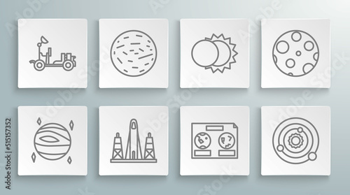 Set line Planet Venus, Mars, Rocket launch from the spaceport, Celestial map of night sky, Solar system, Eclipse sun, Moon and rover icon. Vector