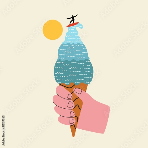Vector illustration with ice cream cone as ocean with waves and surfboarder silhouette riding on surfboard with sun on background. Trendy funny apparel print design, home decoration poster template © julymilks