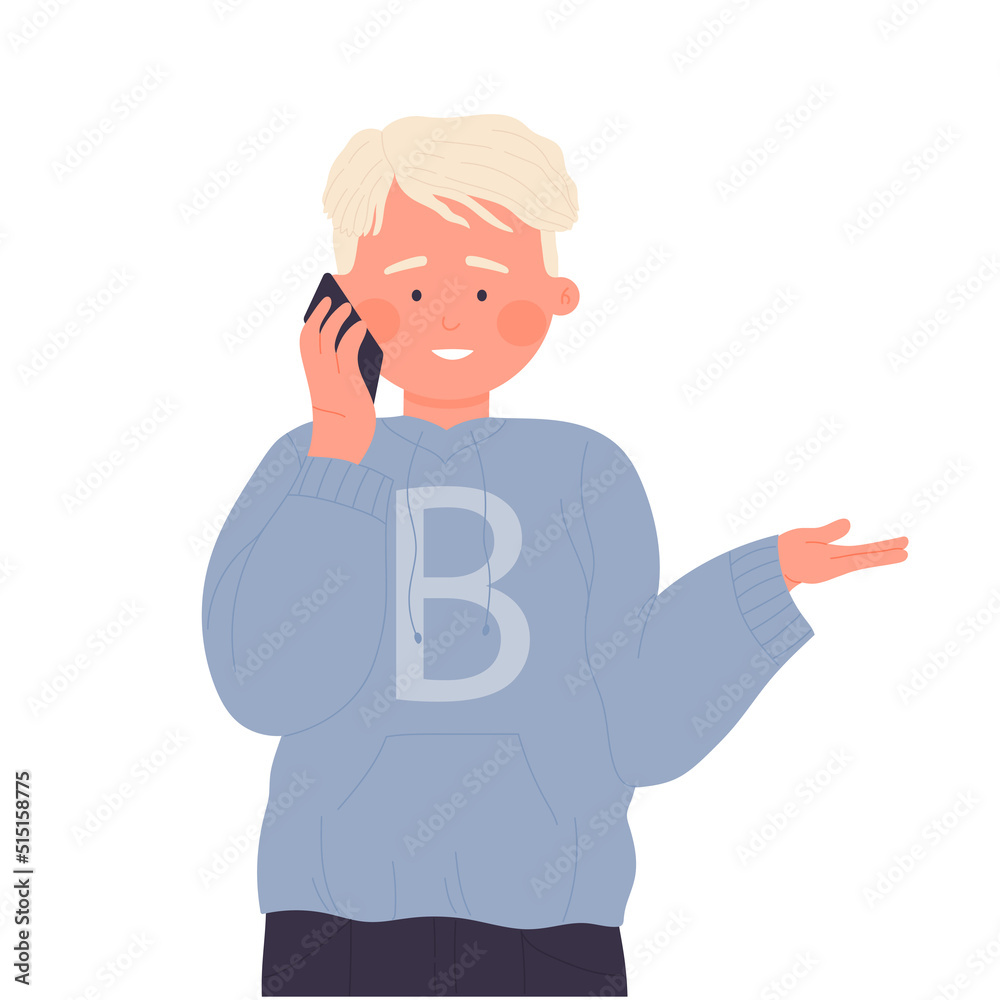 Little kid talking on cellphone. Calling on smartphone, mobile discussion vector illustration