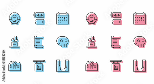 Set line Grave with tombstone, Signboard, Memorial wreath, Cemetery digged grave hole, Decree, parchment, scroll, Skull, and Crematorium icon. Vector