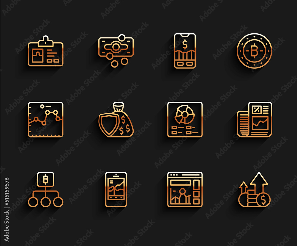 Set line Blockchain technology Bitcoin, Identification badge, Website with growth graph, Financial and, Shield money bag, Business finance report and Pie chart infographic icon. Vector Set line Blockchain technology Bitcoin, Identification badge, Website with growth graph, Financial and, Shield money bag, Business finance report and Pie chart infographic icon. Vector