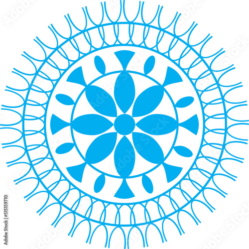 Blue color mandala.Decorative ornament with fish. Alpona design. Template for congratulations.