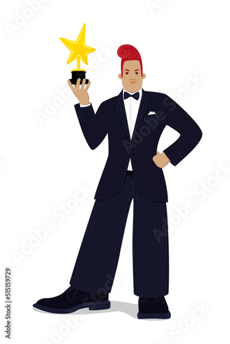 Celebrity holds an award in his hand, statuette, golden star, vector illustration