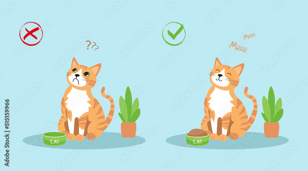 Fototapeta premium Set of posters - the concept of a hungry and full cat. Ginger vector cat sees near the bowl. The cat is asking for food.