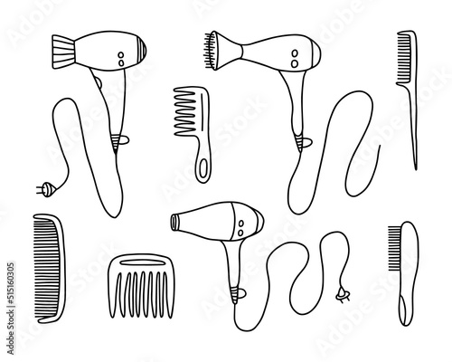 Doodle set of different hairdressing supplies. Vector kinds of quipment for beauty salon. Hairdressing equipment and accessories.