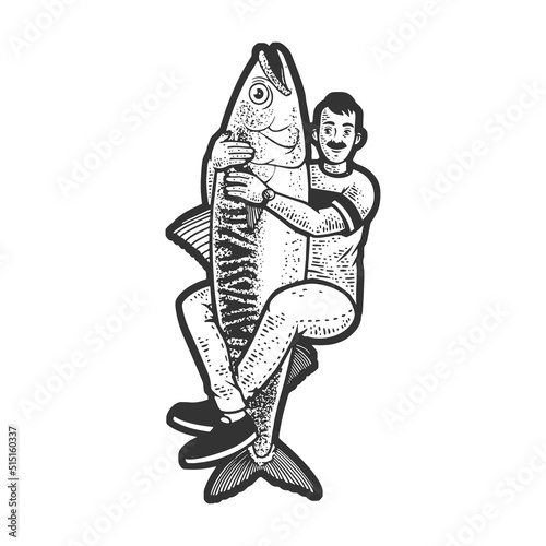 man hugging huge fish sketch engraving vector illustration. T-shirt apparel print design. Scratch board imitation. Black and white hand drawn image.