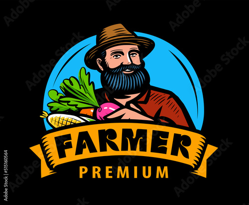 Happy farmer in hat with vegetables logo. Farm, agriculture emblem. Cartoon vector illustration