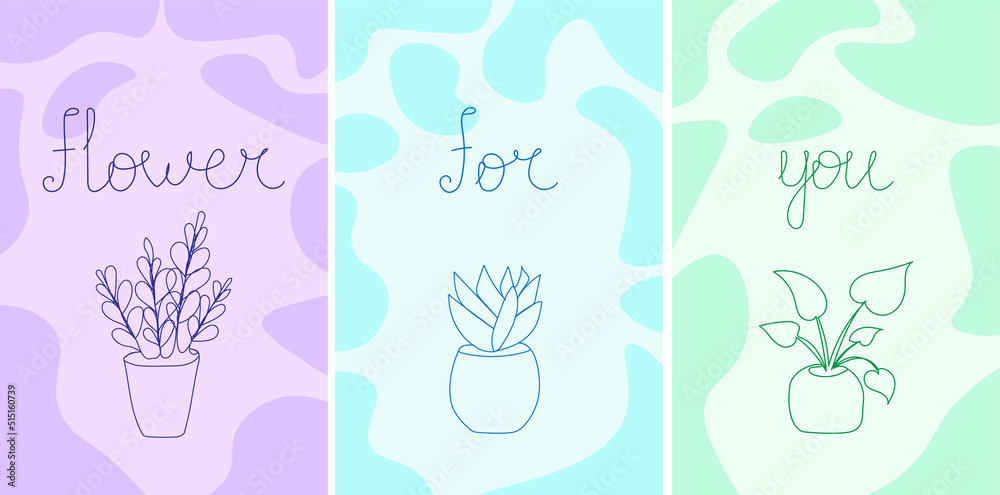Set of posters with plants in flowerpot. Vector Line art houseplants with colored abstract shapes. Flower.