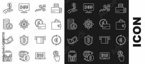 Set line Hand holding coin, Coin money with euro symbol, Wallet, Percent up arrow, Yen, pound, Dollar plant and Credit card icon. Vector