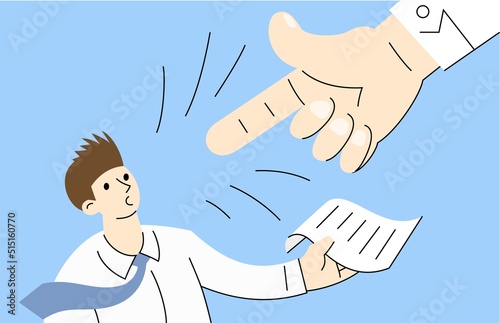 Office worker is confused and upset under the oppression of a large hand pointing at him, as the management pressure